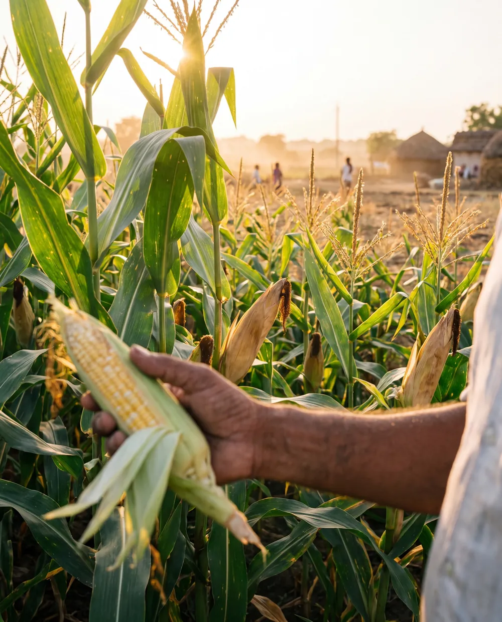 A farmer holding a freshly picked sweet corn cob in a field at golden hour