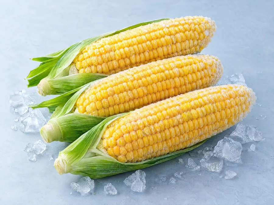 Three golden frozen sweet corn cobs with green husks, lightly frosted, on crushed ice
