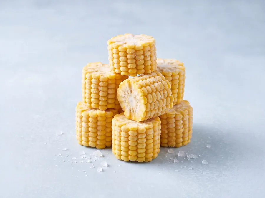 A stack of frozen sweet corn cob cuts