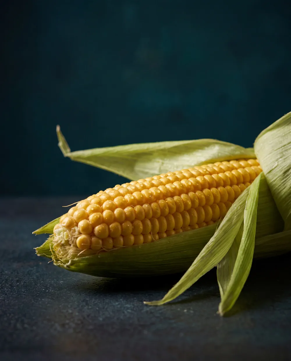 A freshly harvested sweet corn cob with its husk peeled back