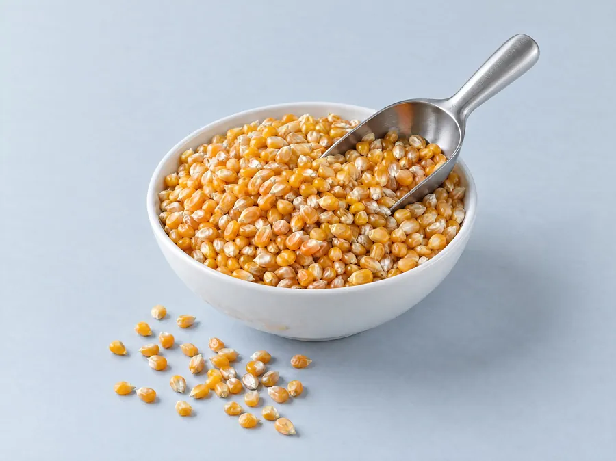 Golden popcorn kernels in a white bowl with a steel scoop