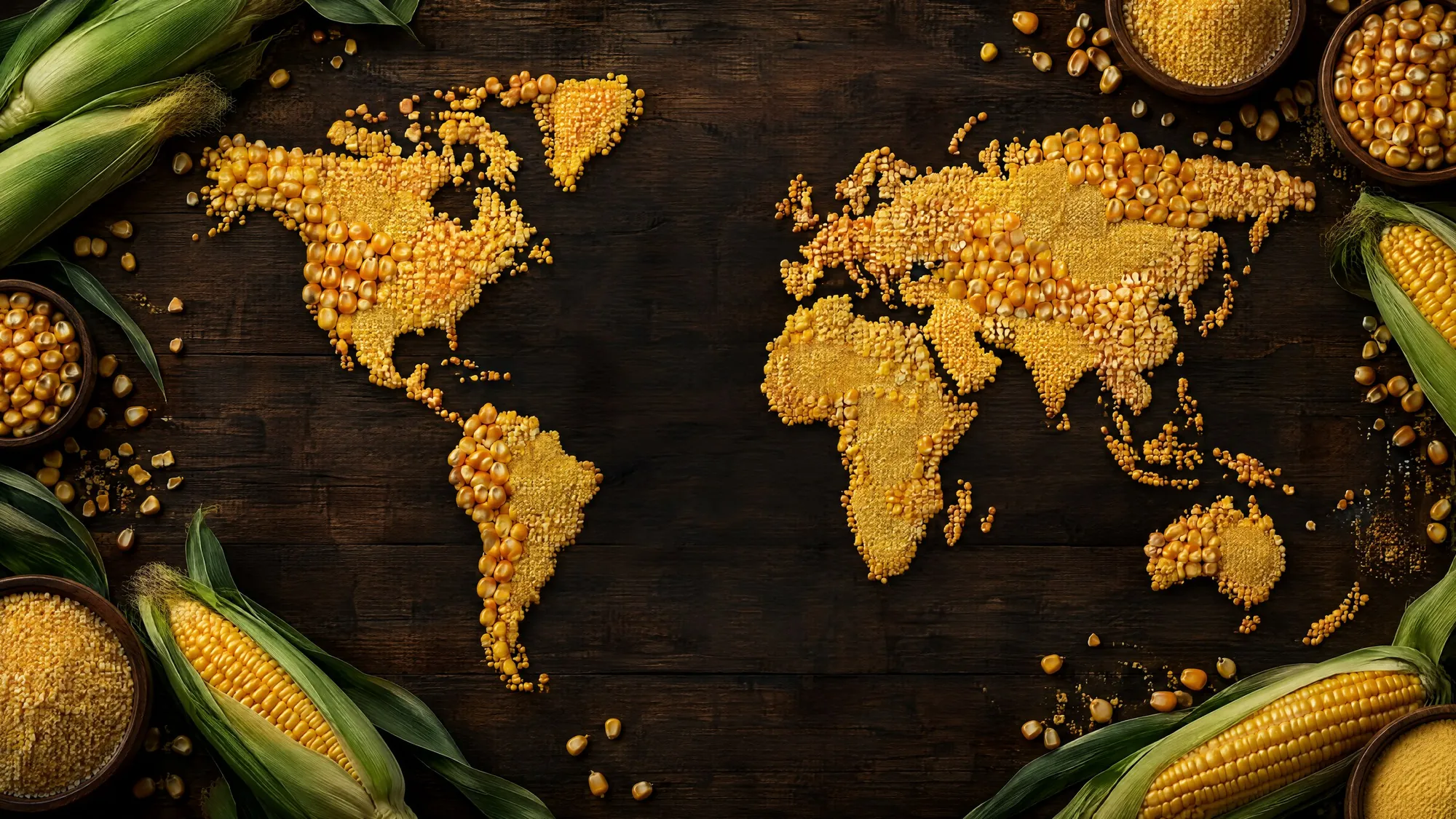 A world map laid out in golden corn kernels and milled corn on dark wood, framed by fresh green corn cobs